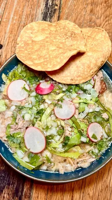 A bowl of Mexican pozole